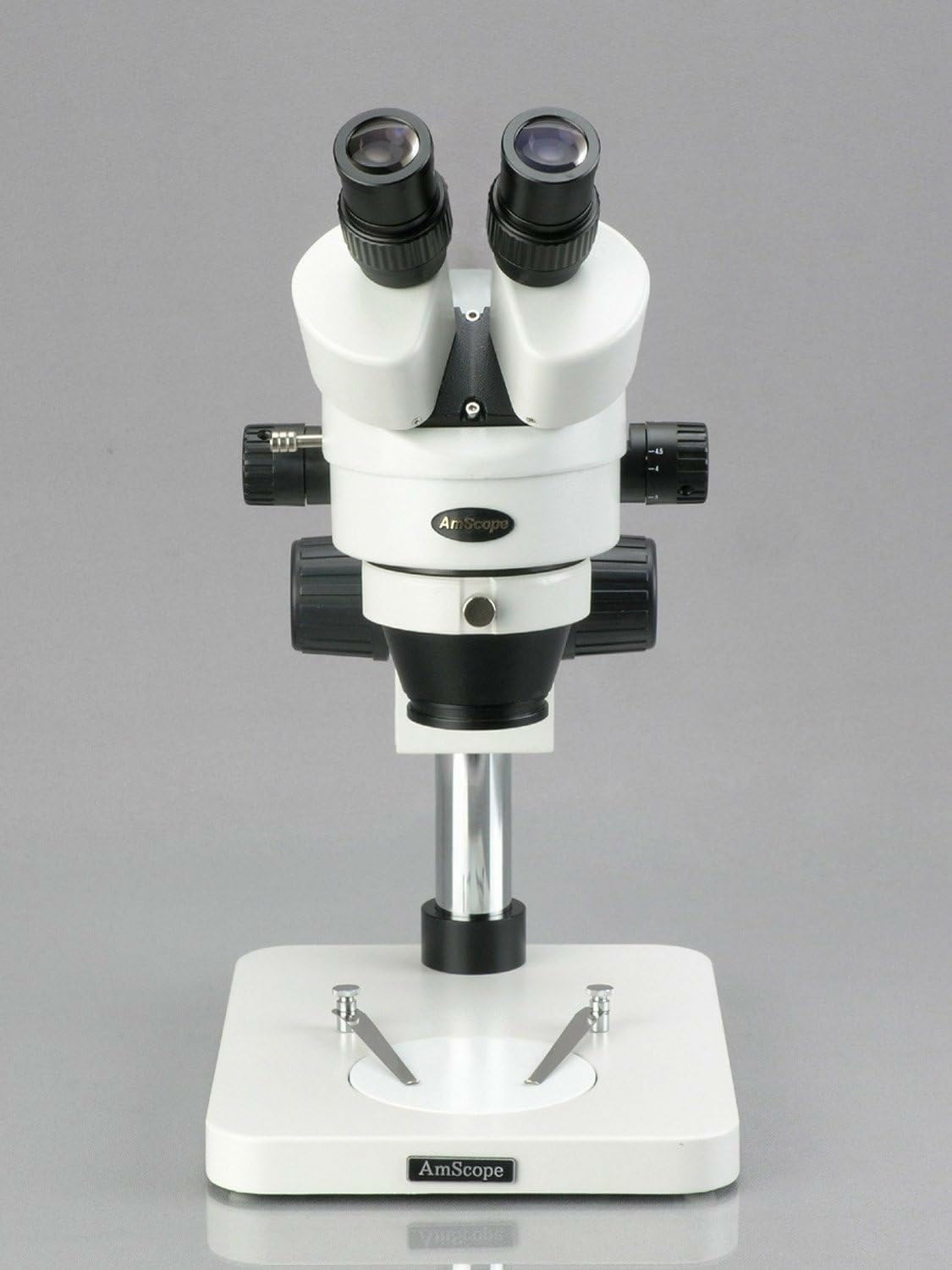 AmScope SM-1BS-144S Professional Binocular Stereo Zoom Microscope, WH10x Eyepieces, 7X-45X Magnification, 0.7X-4.5X Zoom Objective, 144-Bulb LED Ring Light, Pillar Stand, 110V-240V