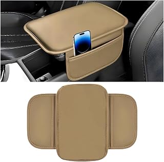 Car Center Console Cover, Leather Vehicle Arm Rest with 2 Storage Bags, Automotive Interior Seat Armrest Box Protection Pad Accessories, Universal for SUV, Sedan, Truck (Beige)