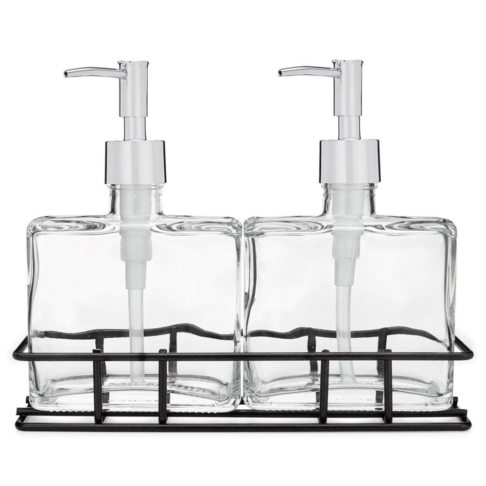 Rail19 Urban Glass Hand and Soap Dispenser Set - Includes Metal Stand Caddy, 8.5oz (Chrome Rustic)