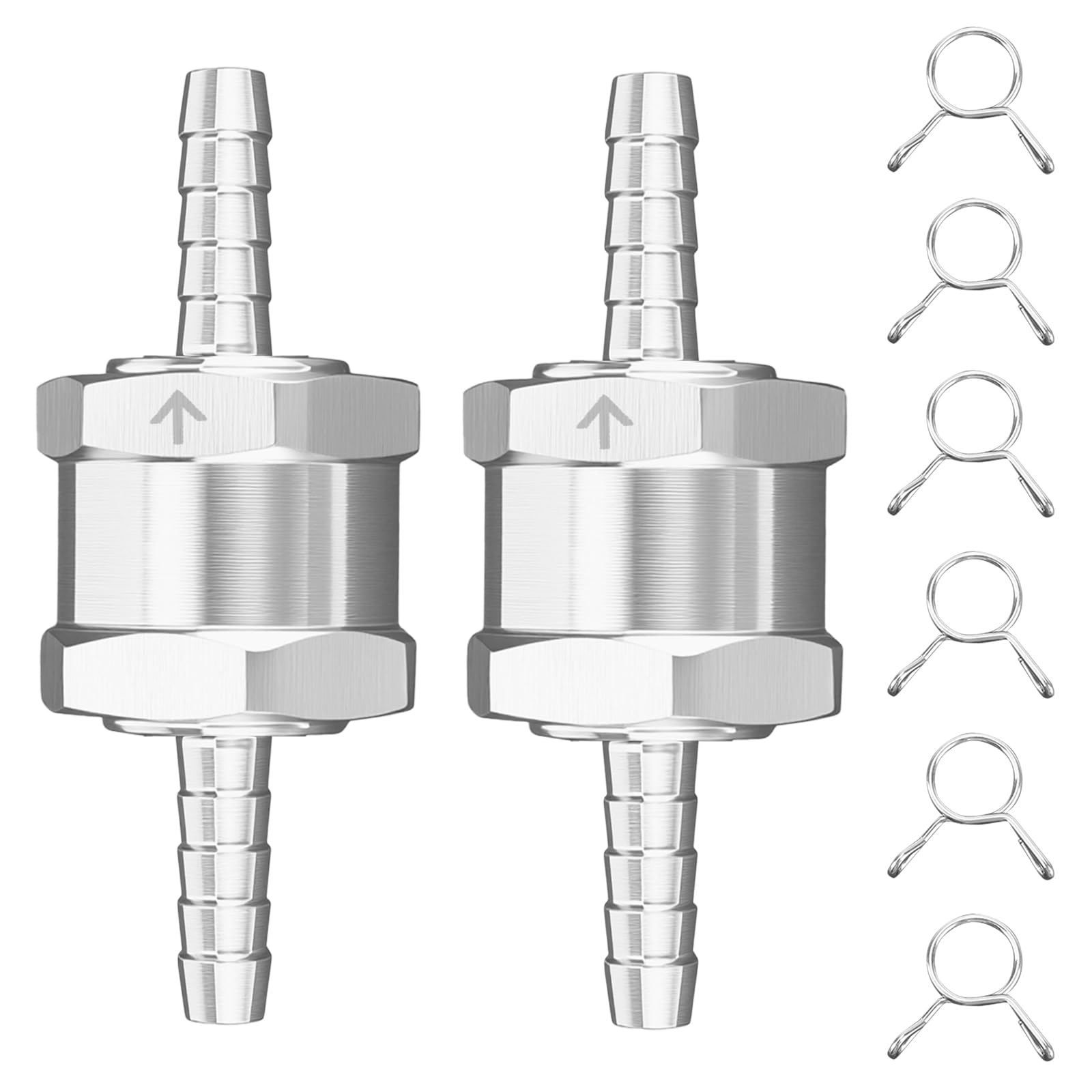 Vagcars Silver 2Pcs 6Mm (1/4") One Way Fuel Non Return Valve With 6 Clamps, Aluminum Alloy One Way Check Valve For Petrol Diesel Gas Air Water, Universal For Car Marine Auto Carburettor Low Pressure Systems (6Mm)