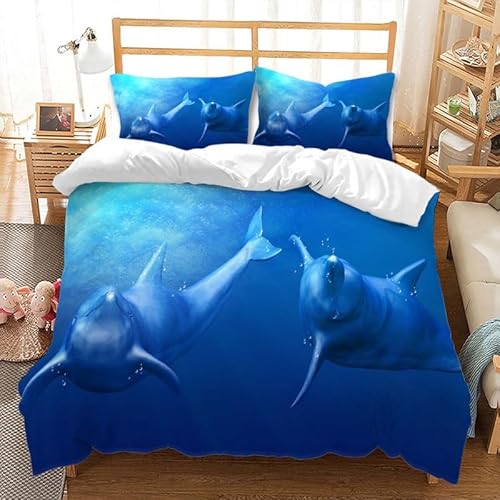 Jingzhang Dolphin Duvet Cover Set 3Pcs, 3D Printed Blue Sea Dolphin Bedding Set with Zipper, Cute Active Comforter Cover with 2 Pillow Shams, Full Size