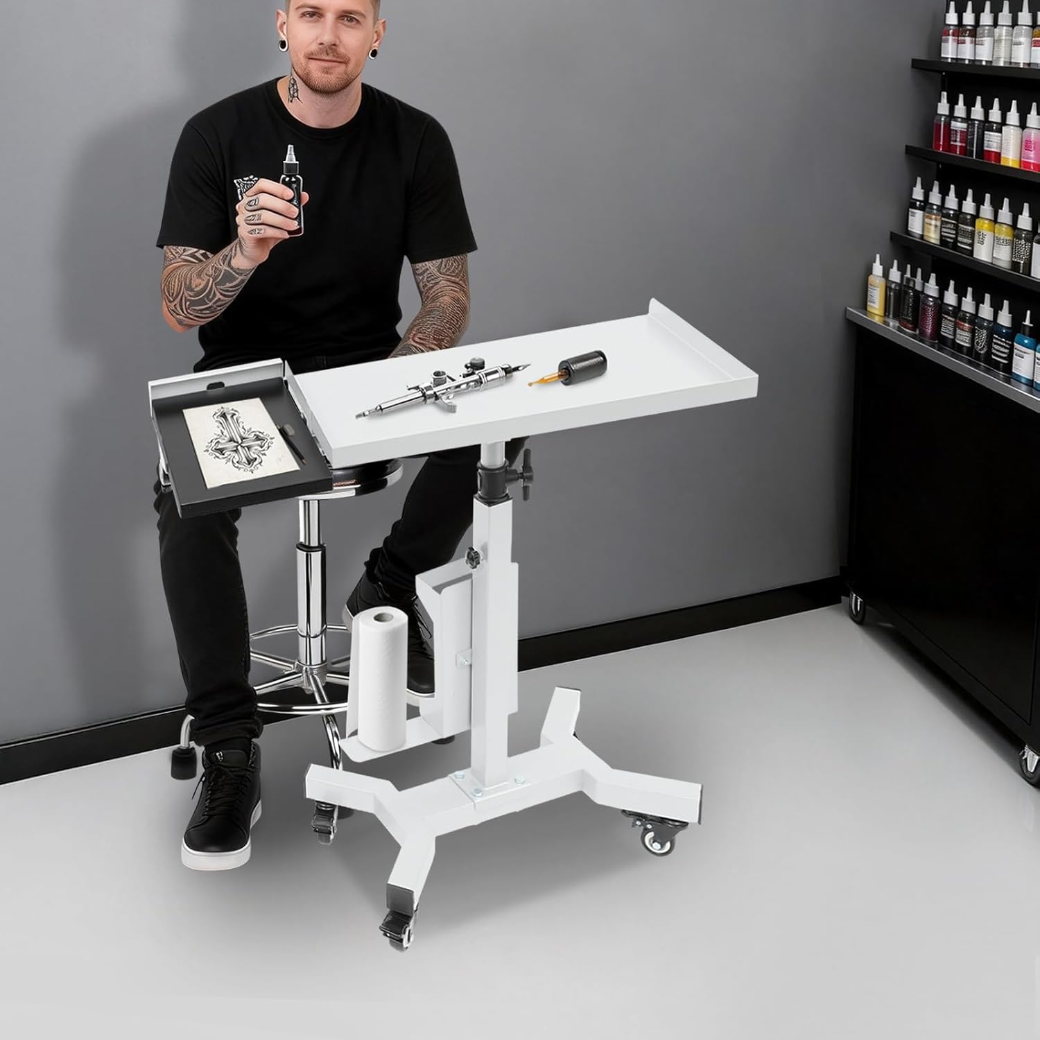 Salon Tray Tattoo Tray Cart on Wheels, Tattoo Table Station Adjustable Height Rolling Tool Tray with Storage Platform Tattoo Equipment for Salon Spa (Silver)