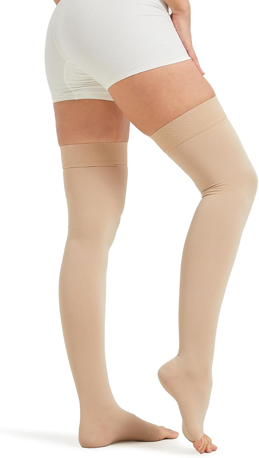 NURCOM 20-30 mmHg Medical Compression Stockings for Women & Men, Open Toe Thigh High Compression Socks with Dot Silicone Band, Graduated Support Stockings for Varicose Veins, Swelling, DVT, Flight