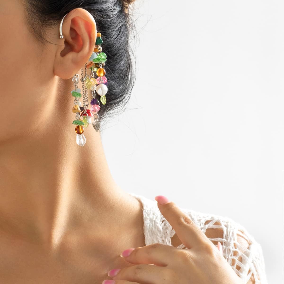 Colorful Tassel Elf Ear Cuff Single Left Handmade Non Piercing Earring for Women