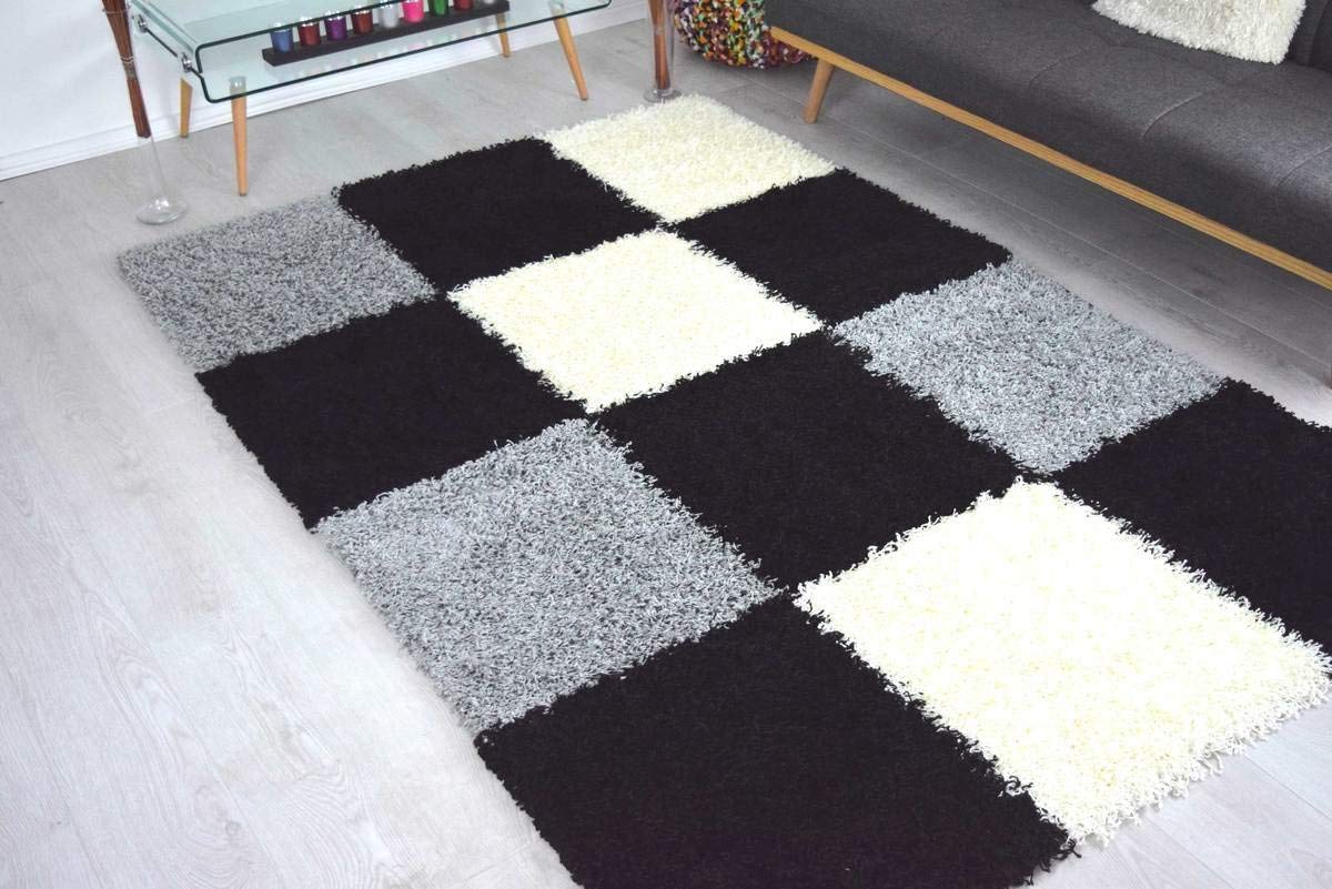 Bravich Extra X-Large Grey Black and Cream Checked Pattern Geometric Square Design Mix Thick Shag 5cm Super Soft High Deep Pile Shaggy Area Rug/Living Room Rug Carpet 200 x 290 cm (6ft7 x 9ft6) — image 1
