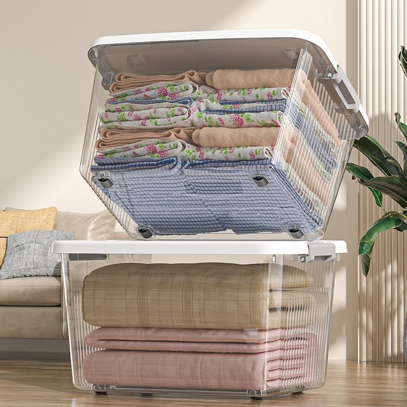 Image of Ash & Roh Heavy Duty Plastic Storage Bins with Locking Lids - Clear, Stackable Containers for Bedroom or Closet Organization (pack of 3, Large 29cm X 40cm X 21cm)