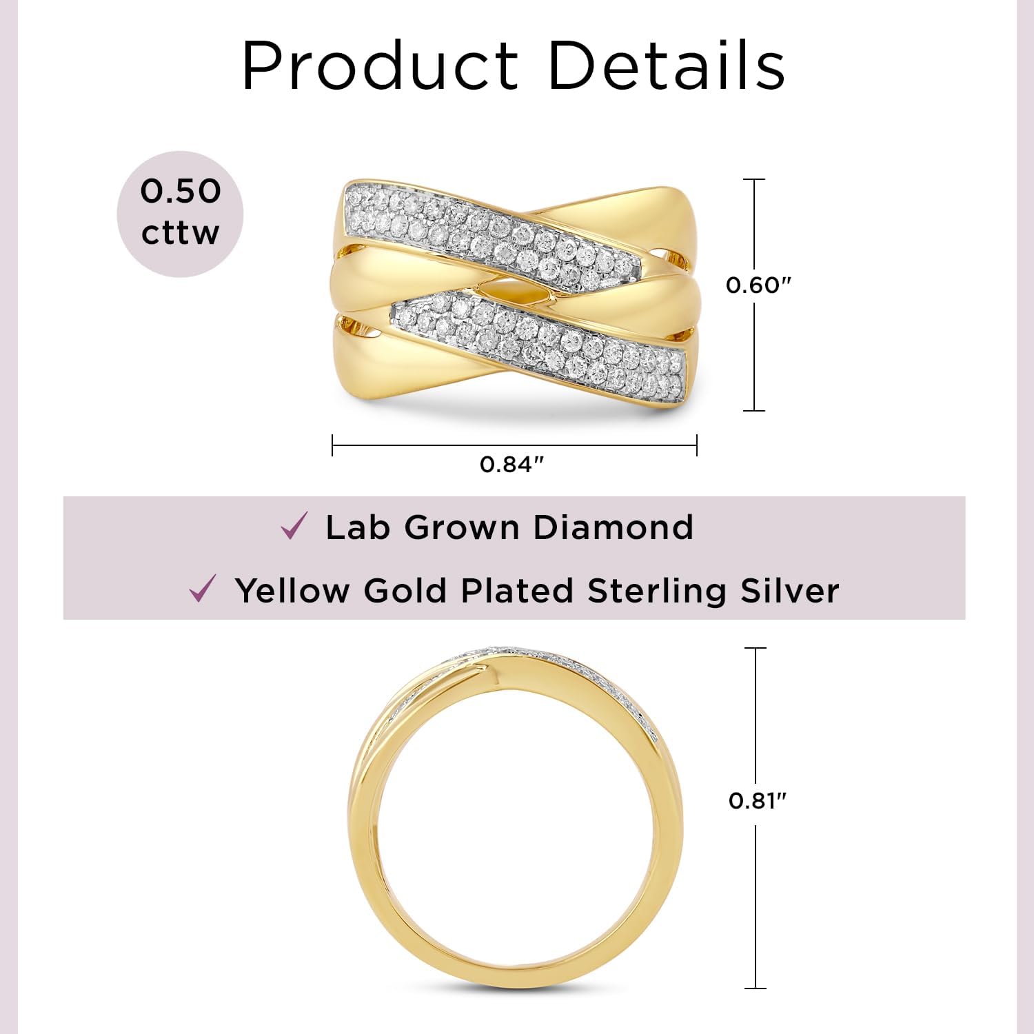 Jewelili Yellow Gold Plated Sterling Silver 1/2 Cttw Lab Grown Diamond Bypass Ring, Size 6, 7 & 8