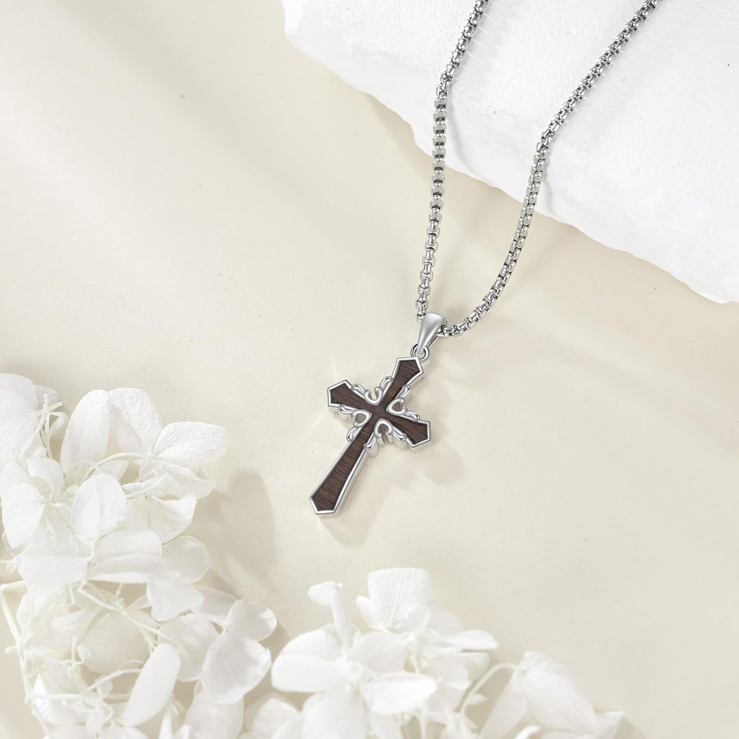 Wooden Cross Necklace Sterling Silver Wood Cross Pendant Religious Jewelry Gift for Women Men - Image 3