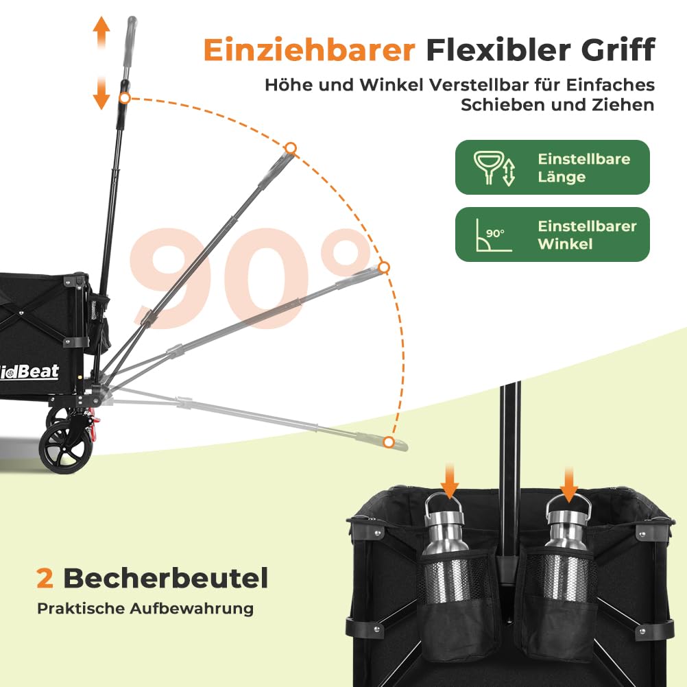 SLIDBEAT Bollerwagen Faltbar mit Bremsen, 150L 150KG Faltbarer Bollerwagen All Terrain Räder, Verstellbarem Griff, Getränkehalter Klappbar Handwagen Für Camping Shopping Garten Strand
