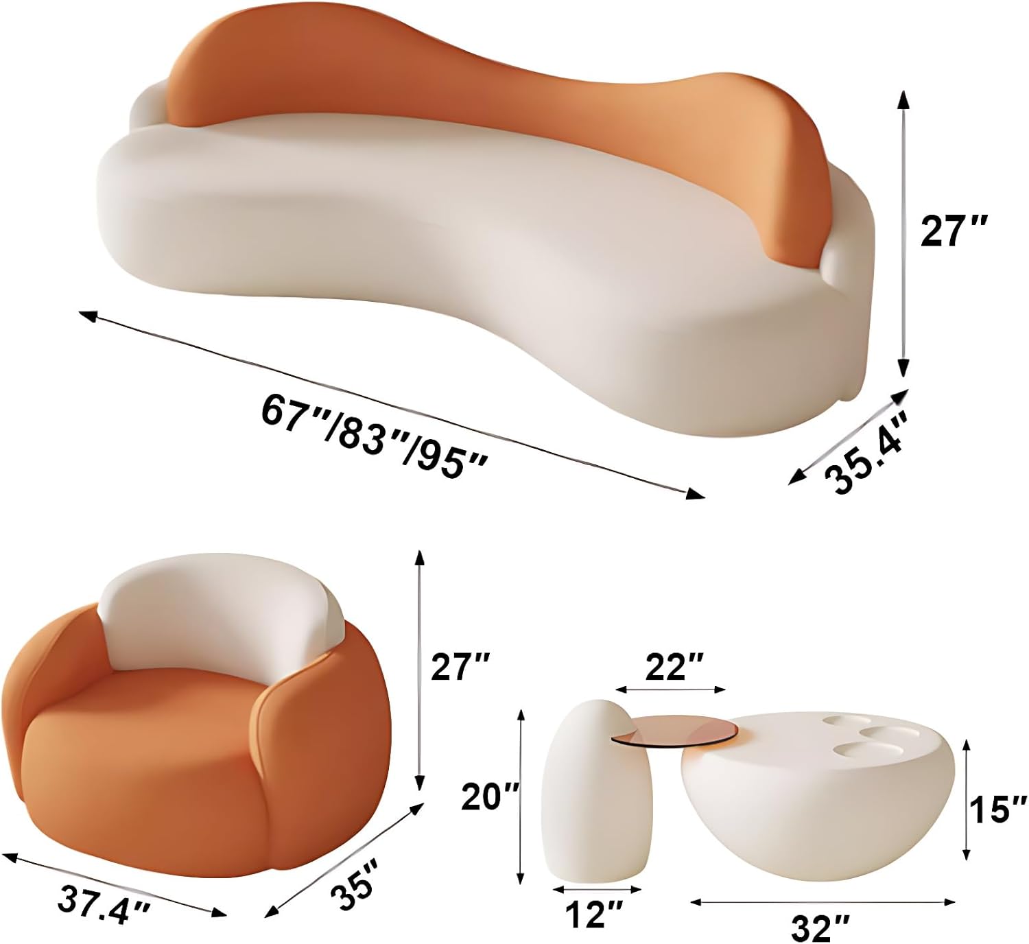 Curved Sectional Couches - Comfortable Sectional Sofa Set for Living Room with Chair, Solid Wood Frame Couch Set with Coffee Table for Living Room (Off-White-Chair*2,67IN)
