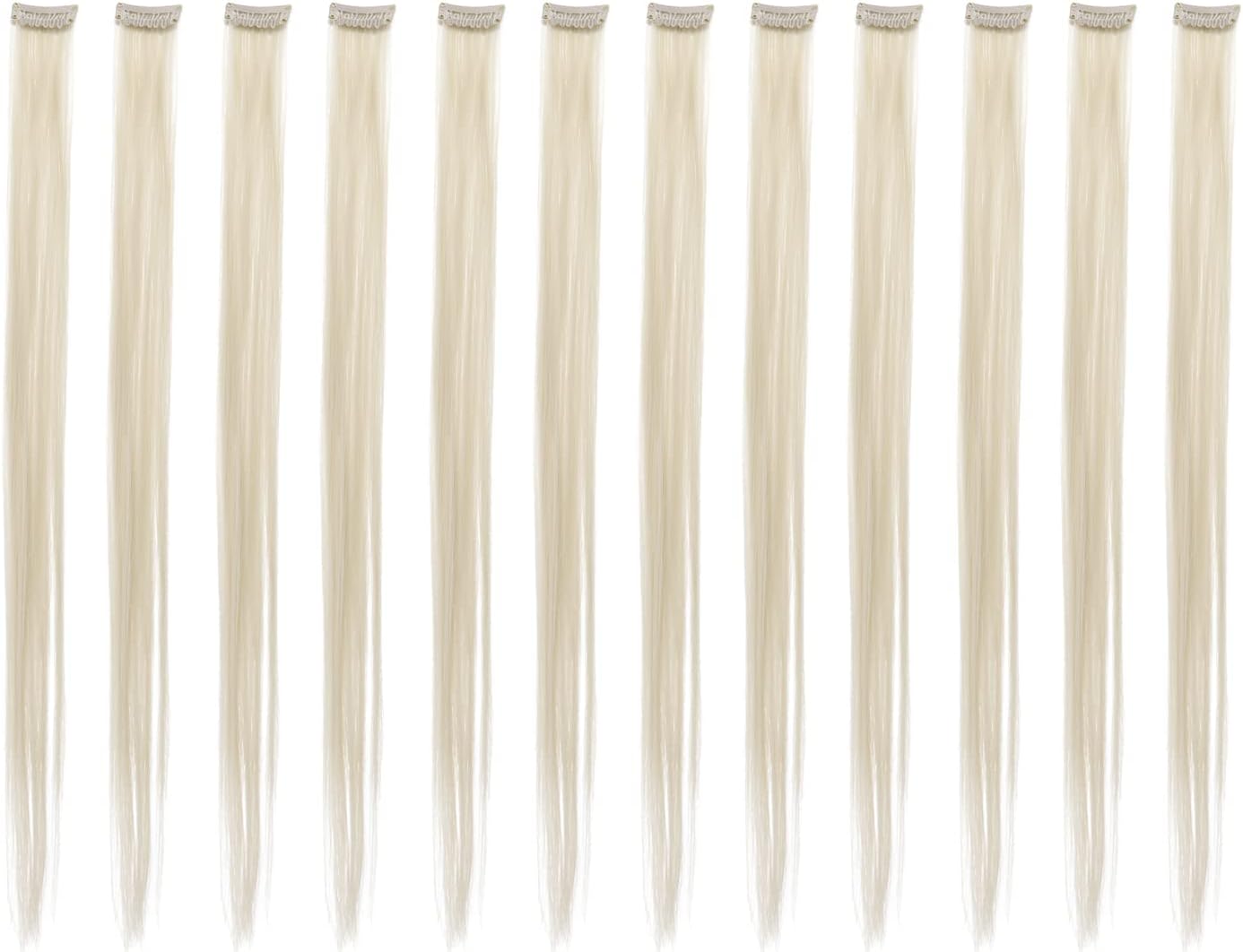 SWACC 12 Pcs Straight One Color Party Highlights Clip on in Hair Extensions Colored Hair Streak Synthetic Hairpieces (Platinum Blonde)
