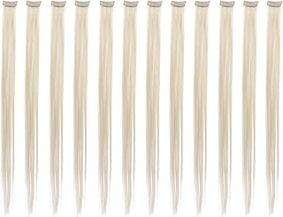 SWACC 12 Pcs Straight One Color Party Highlights Clip on in Hair Extensions Colored Hair Streak Synthetic Hairpieces (Platinum Blonde)