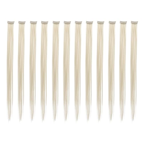SWACC 12 extensiones de cabello lacio de un color con clip para fiesta, extensiones de cabello sintético de rayas de color (rubio platino)