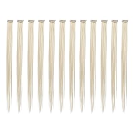 SWACC 12 Pcs Straight One Color Party Highlights Clip on in Hair Extensions Colored Hair Streak Synthetic Hairpieces (Platinum Blonde)