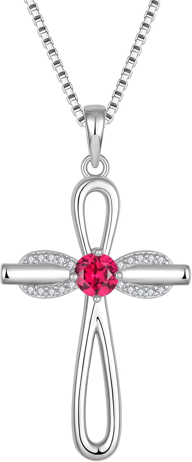 FJ Infinity Cross Necklace 925 Sterling Silver Religious Pendant Birthstone Jewelry Gifts for Women