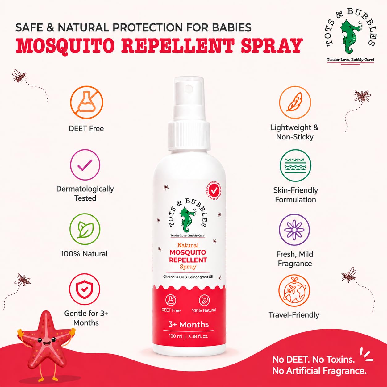 Tots & Bubbles Baby Safe Mosquito Repellent Spray (100ml) for Babies, Toddlers | Natural Protection with Citronella & Lemongrass Oils | DEET-Free, Skin Friendly Insect Spray for Indoor & Outdoor Use | Safe & Gentle on Baby and Mother (Pack of 1)