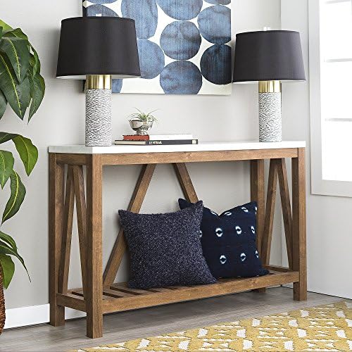 Home Accent Furnishings Farmhouse A-Frame Faux Marble Entry Table with Lower Shelf - Faux White Marble/Walnut