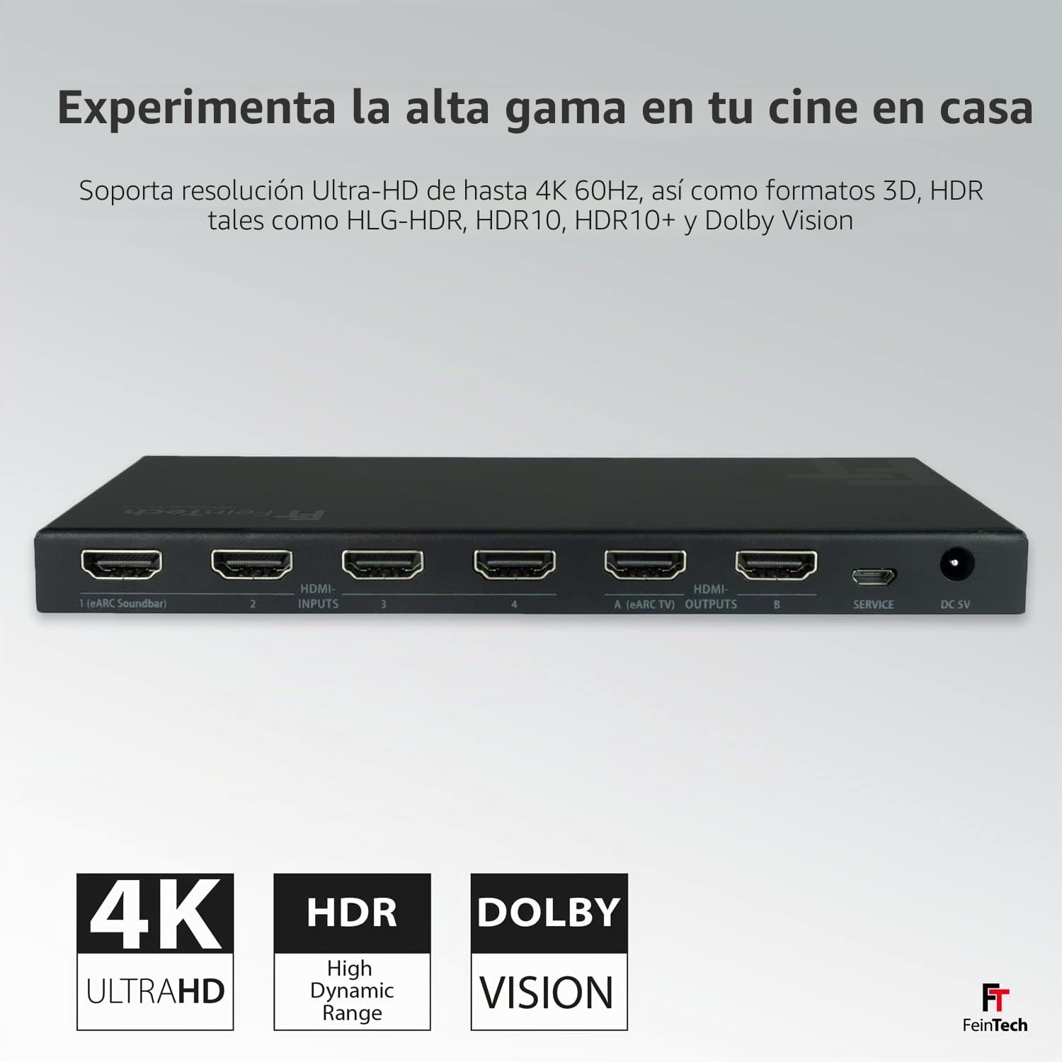FeinTech VAX04201 HDMI eARC Pass Matrix Switch 4x2 para Barra de Sonido y 2 Pantallas 4K 60Hz Dolby Vision Atmos