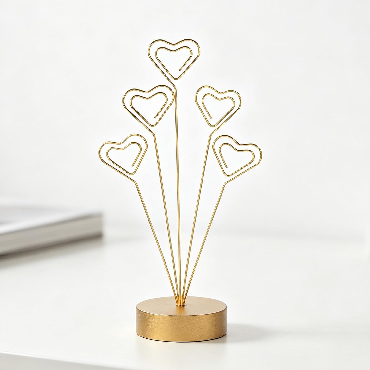 Kisangel Heart-Shaped Metal Memo Holder with 5 Strong and Gentle Clips Round Base, Functional Decorative Tree Stand for Home and Office, Golden Desktop Card and Photo Display Organizer