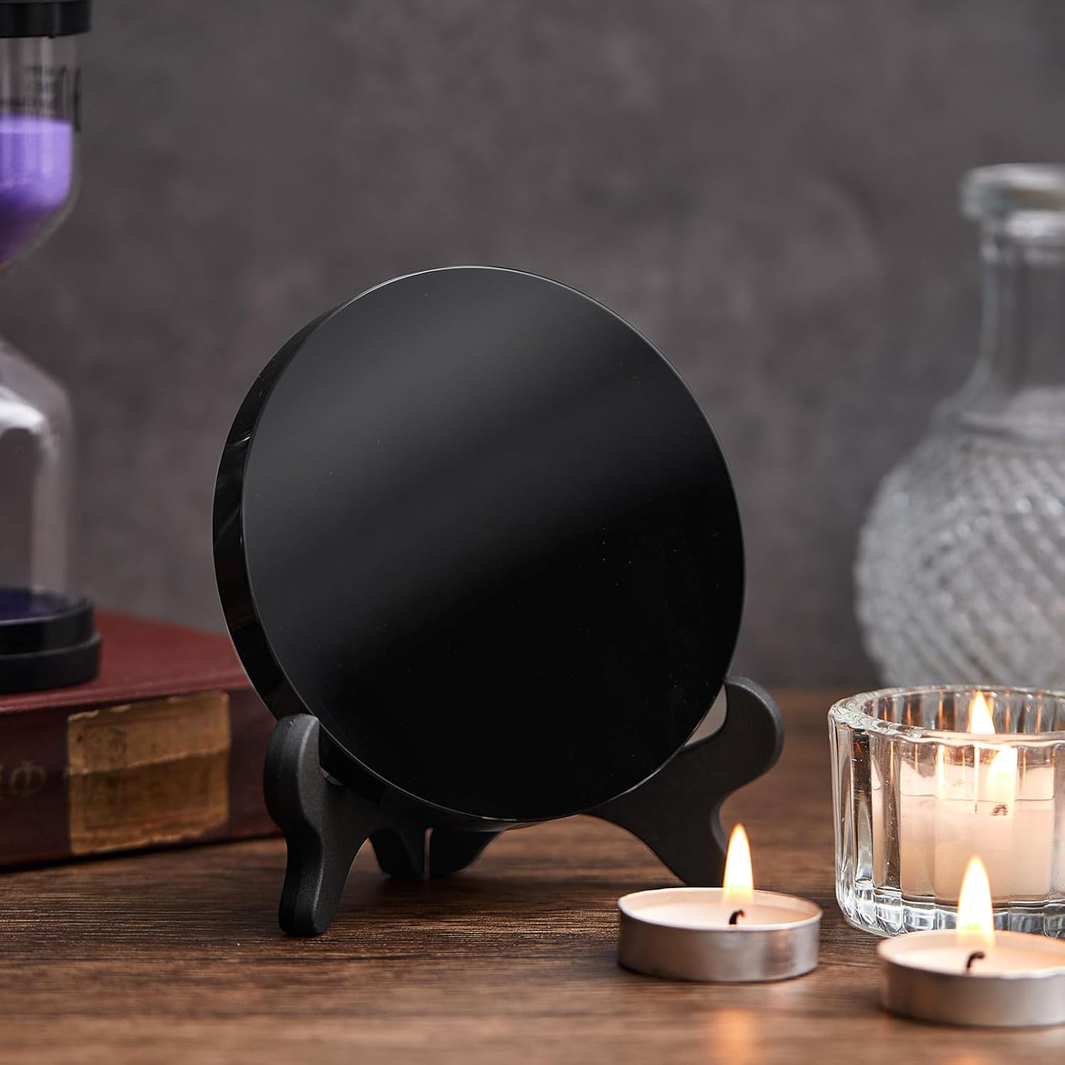 Kathfly 2 Pcs Black Obsidian Scrying Mirror 3.94 in with Wood Stand, Obsidian Crystal for Meditation, Witchcraft, Divination Tools, Spiritual Practices Home Desk Decor Gothic Decorative Crafts(10 Cm)