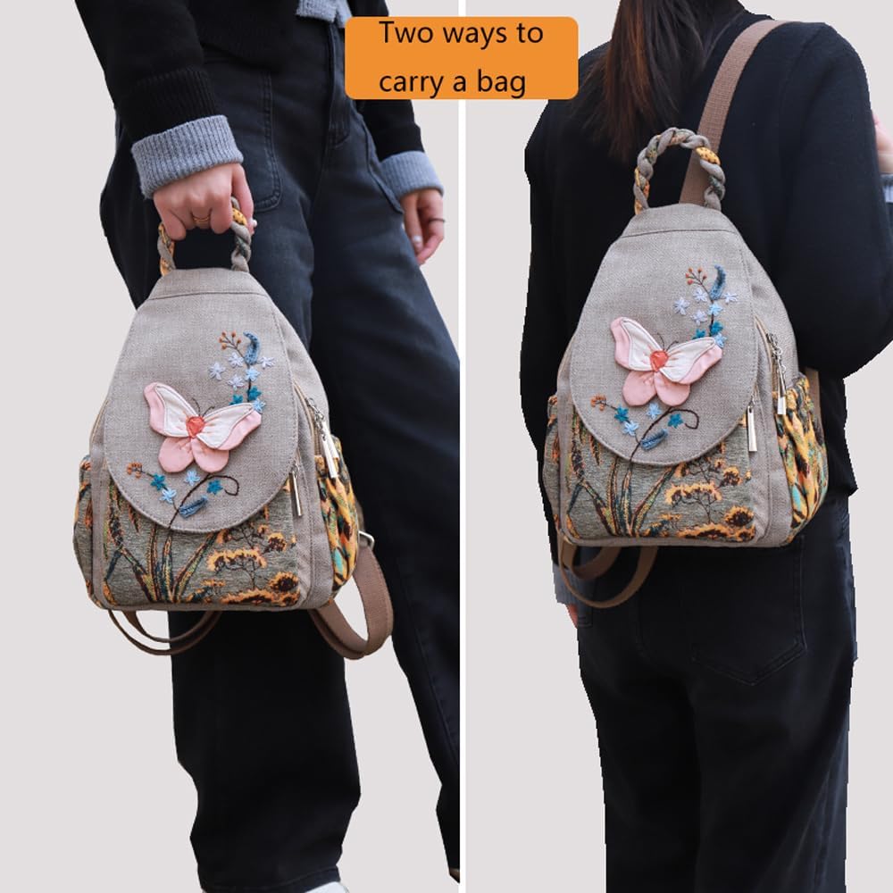 Women's cotton-linen straw backpack, bohemian style, small, convertible, with woven design and tassels, vintage, embroidered casual bag, backpack handbag.