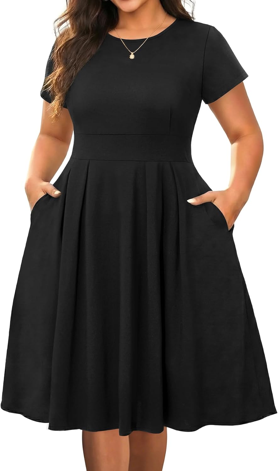 Pinup Fashion Plus Size Work Dress-Church Summer Casual Short Sleeve A-Line Dress with Pockets