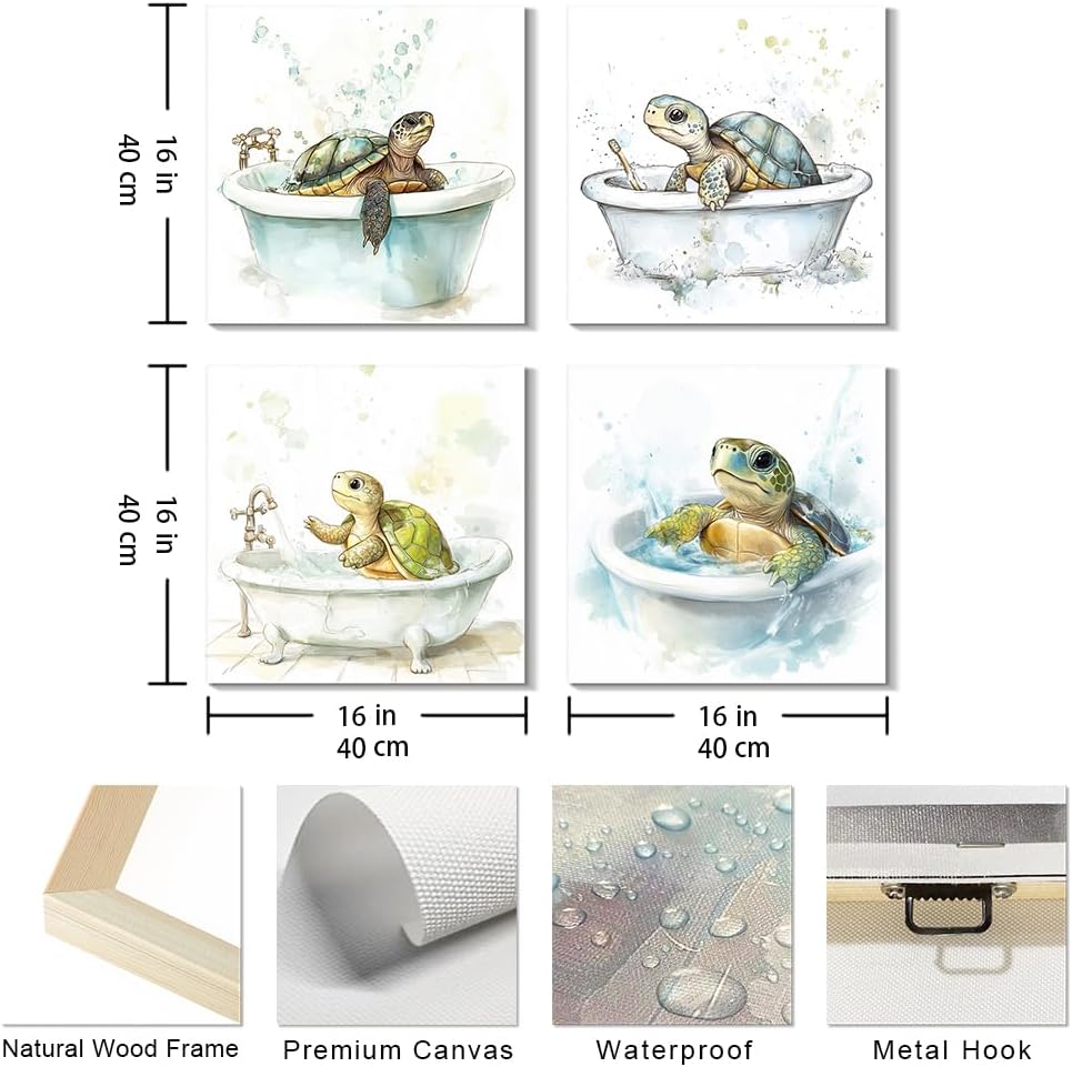 LUNGHANARTS Wall Art Painting Funny Sea Turtle in Bathtub Picture Print on Canvas for Kids Room Wall Canvas Prints for Living Room Bedroom Kitchen Home and Office Wall Decor (16INx16INx4pcs)