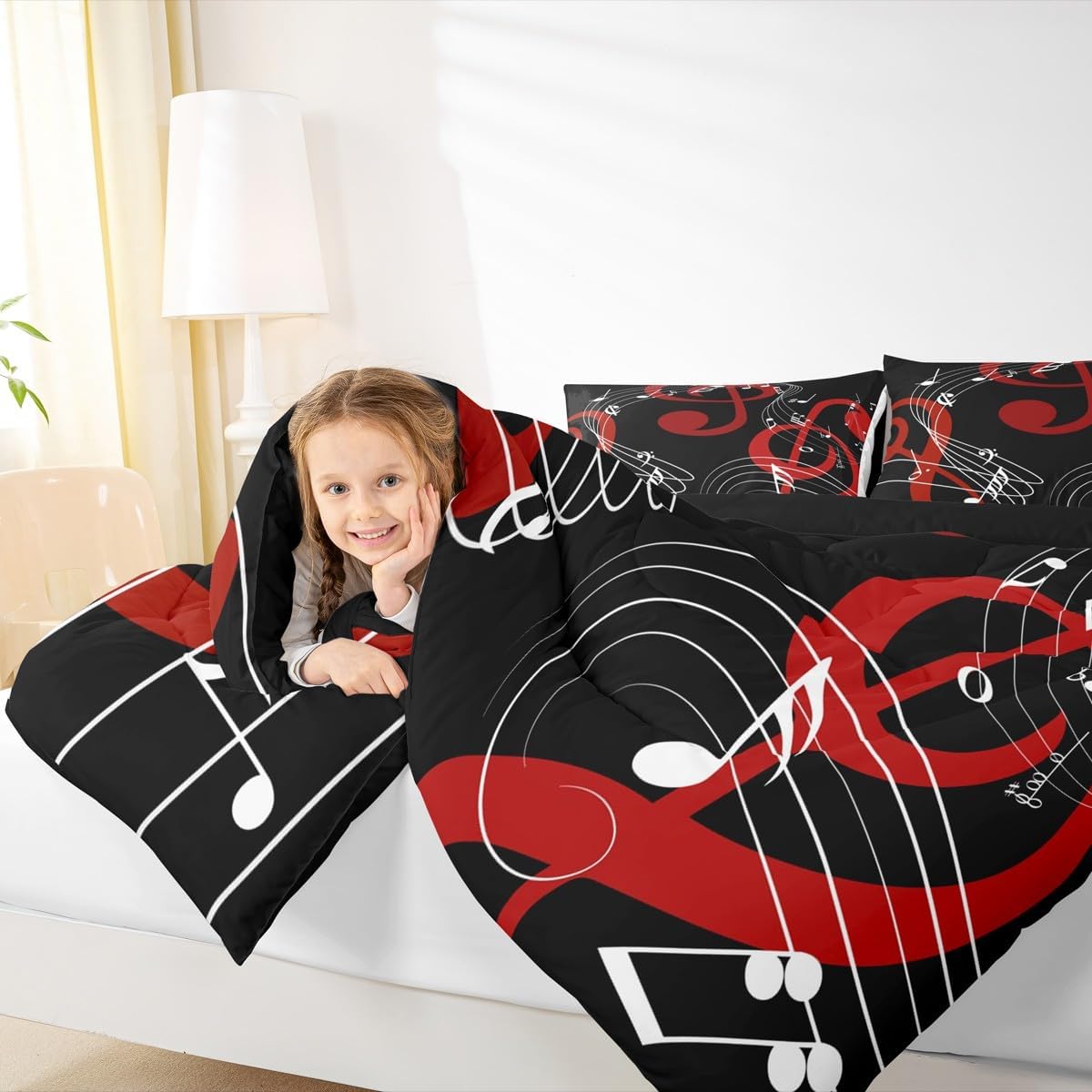 Musical Notes Comforter Set Queen Size,Red Black and White Bedding Set 3pcs for Kids Boys Girls Women Room Decor Abstract Music Theme Quilted Duvet Men Modern Soft Duvet Insert,2 Pillowcases