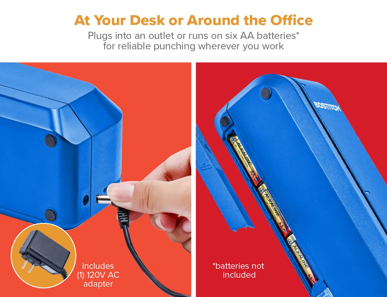 Bostitch Office Elektrischer 3-Locher, doppeltes Papierladen, robust, Kapazität 20 Blatt ohne Papierstau, AC-Adapter oder batteriebetrieben, platzsparend, Blau (EHP20-BLUE)