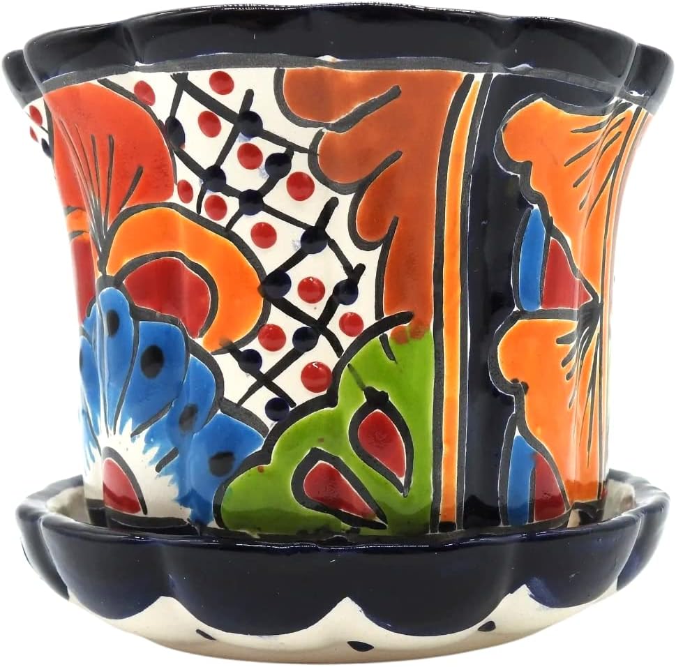 Violet Pot Planter with Saucer Small Hand Painted Indoor Outdoor Multi Colored Glazed