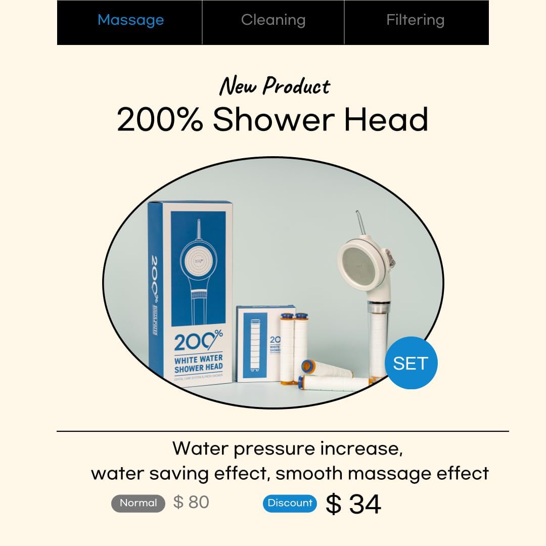 200% White Water Shower Head, Shower Filter, high-pressure shower, Replaceable Filter Cartridge Portable Shower, Clean mouth shower, toilet cleaning, a gentle stream of water