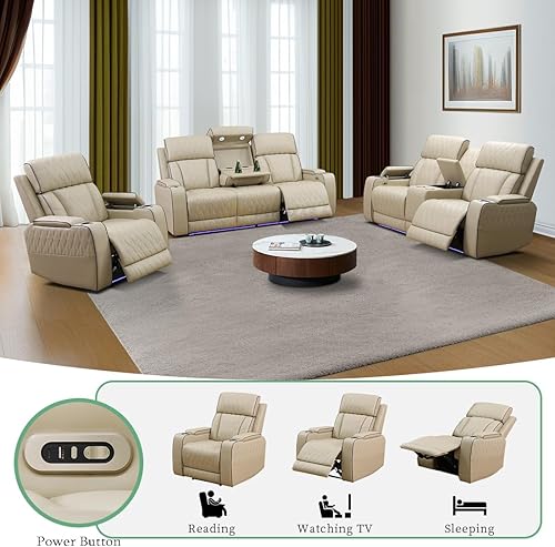 Miniatura 6 de Juego de muebles de sala de estar, sofá reclinable eléctrico con puerto USB, sofá reclinable eléctrico de cuero beige, sofá biplaza y silla