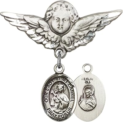 Sterling Silver Baby Badge with Our Lady of Mount Carmel Charm and Angel w/Wings Badge Pin 1 1/8 X 1 1/8 inches