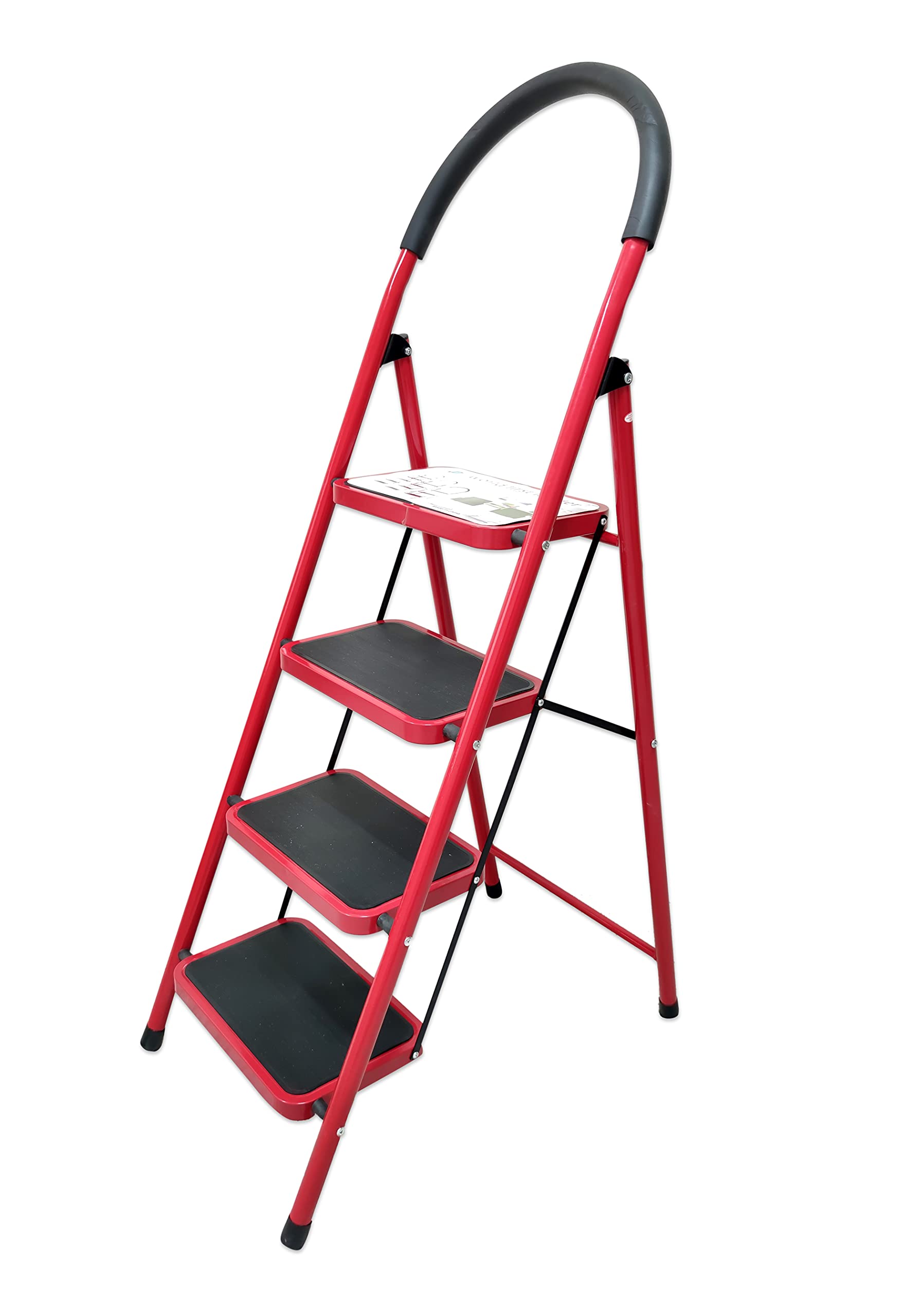 AAA SAFE4 Step Ladder, Folding Step Stool with Tool Platform, Wide Anti-Slip Pedal, Sturdy Aluminium Ladder, Convenient Handgrip, Portable Aluminium Step Stool, Red and Black (4 step)