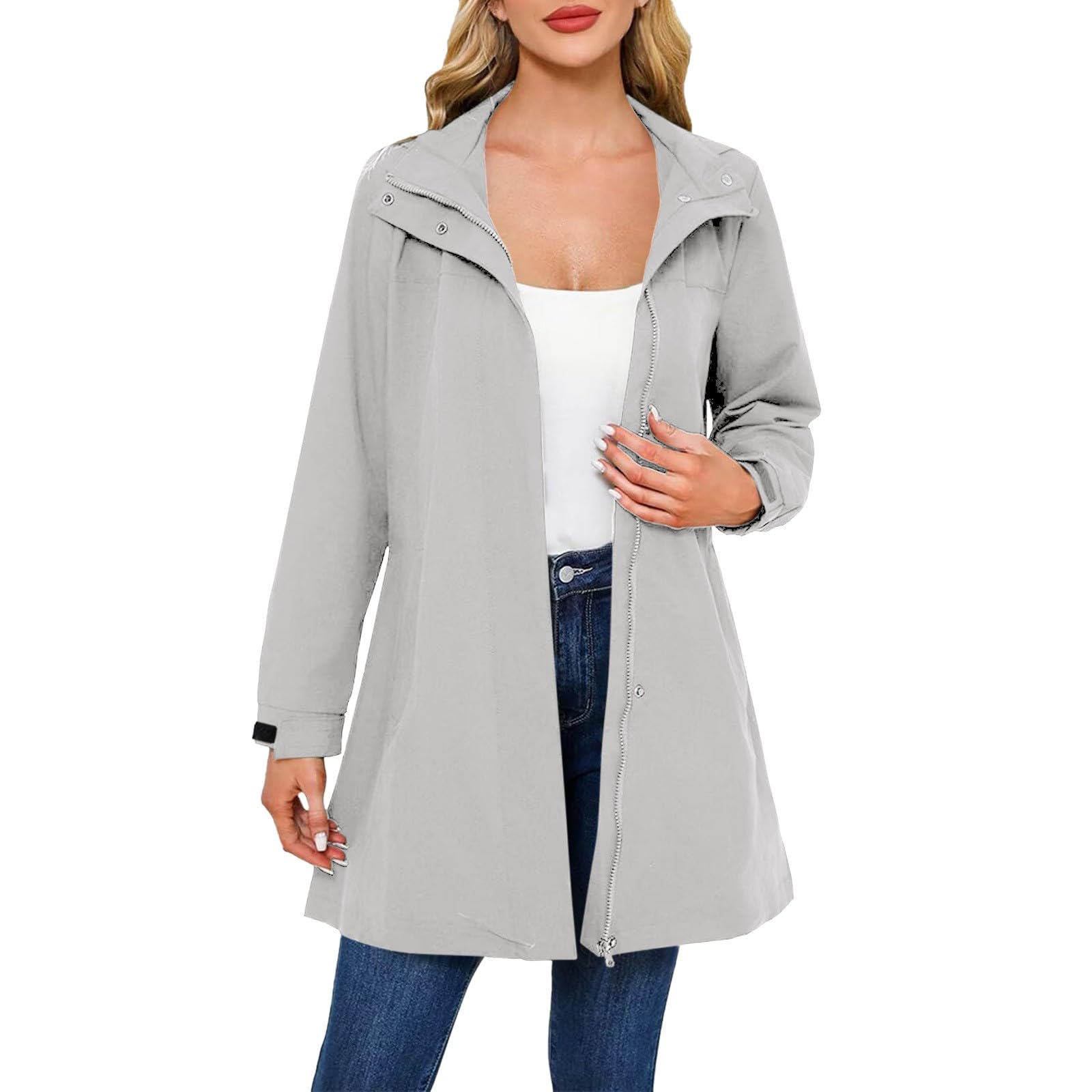 Generisch Poncho de lluvia para mujer, largo, impermeable, con capucha, transpirable, cortavientos, chaqueta de manga larga con cremallera, chaqueta ligera para el tiempo libre