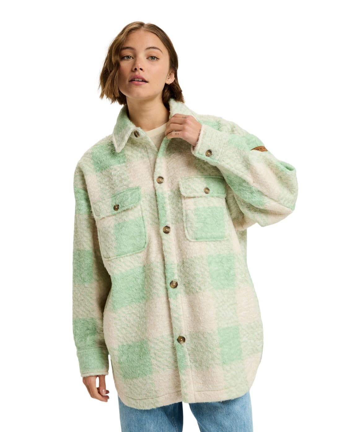 Roxy Over And Above - Check Plaid Polar Fleece Shirt Jacket - Women - Green