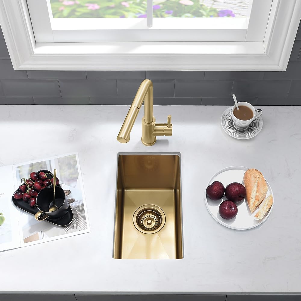 Gold Bar Sink Undermount-VASOYO 10x18 Small Kitchen Sink Undermount Outdoor Rv Sinks 16 Gauge Gold Stainless Steel Single Bowl Deep Wet Bar Sinks with Accessories