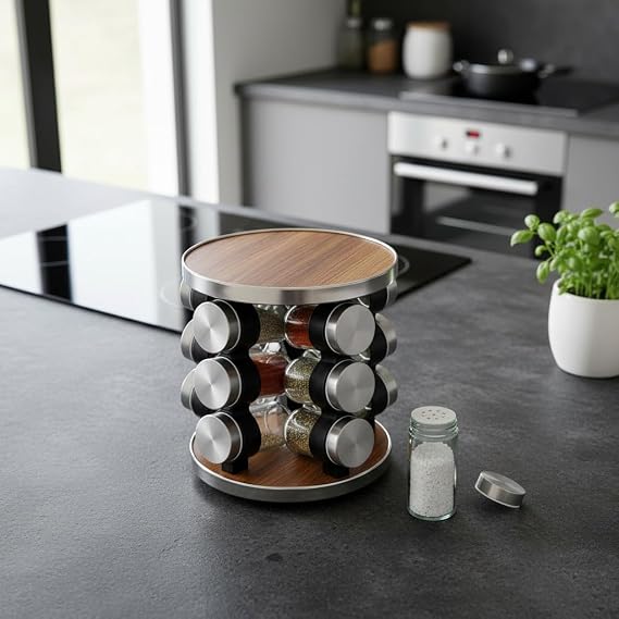 Deconox 12 Parça Döner Mekanizmalı Paslanmaz Çelik ve Ahşap Desen Standlı Cam Baharatlık Seti - 360° Yuvarlak Dönebilen Süzgeç Kapaklı Şeffaf Cam Şişeli Tezgah Üstü Baharat Takımı