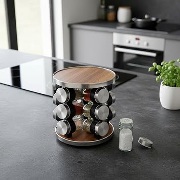 Deconox 12 Parça Döner Mekanizmalı Paslanmaz Çelik ve Ahşap Desen Standlı Cam Baharatlık Seti - 360° Yuvarlak Dönebilen Süzgeç Kapaklı Şeffaf Cam Şişeli Tezgah Üstü Baharat Takımı