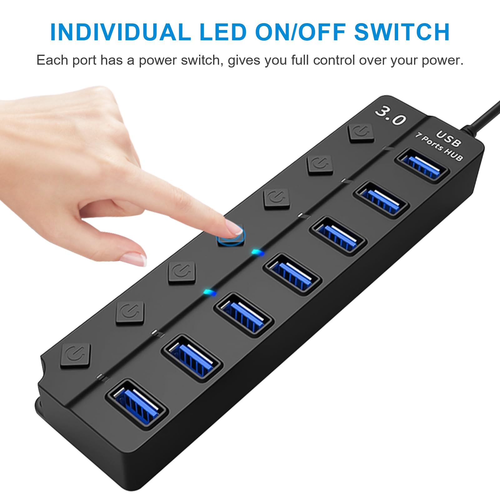 HORJOR Hub USB 3.0 7 Ports avec Interrupteur Séparé et LED, Alimenté Adaptateur Transfert Données Charge Rapide