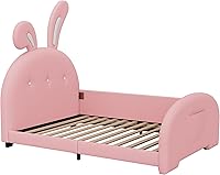 Vista 4 de Bellemave Cama de plataforma tapizada tamaño individual con cabecera en forma de conejo, cama de princesa rosa para niñas, marco bajo con riel
