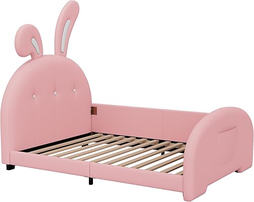 Miniatura 4 de Bellemave Cama de plataforma tapizada tamaño individual con cabecera en forma de conejo, cama de princesa rosa para niñas, marco bajo con riel