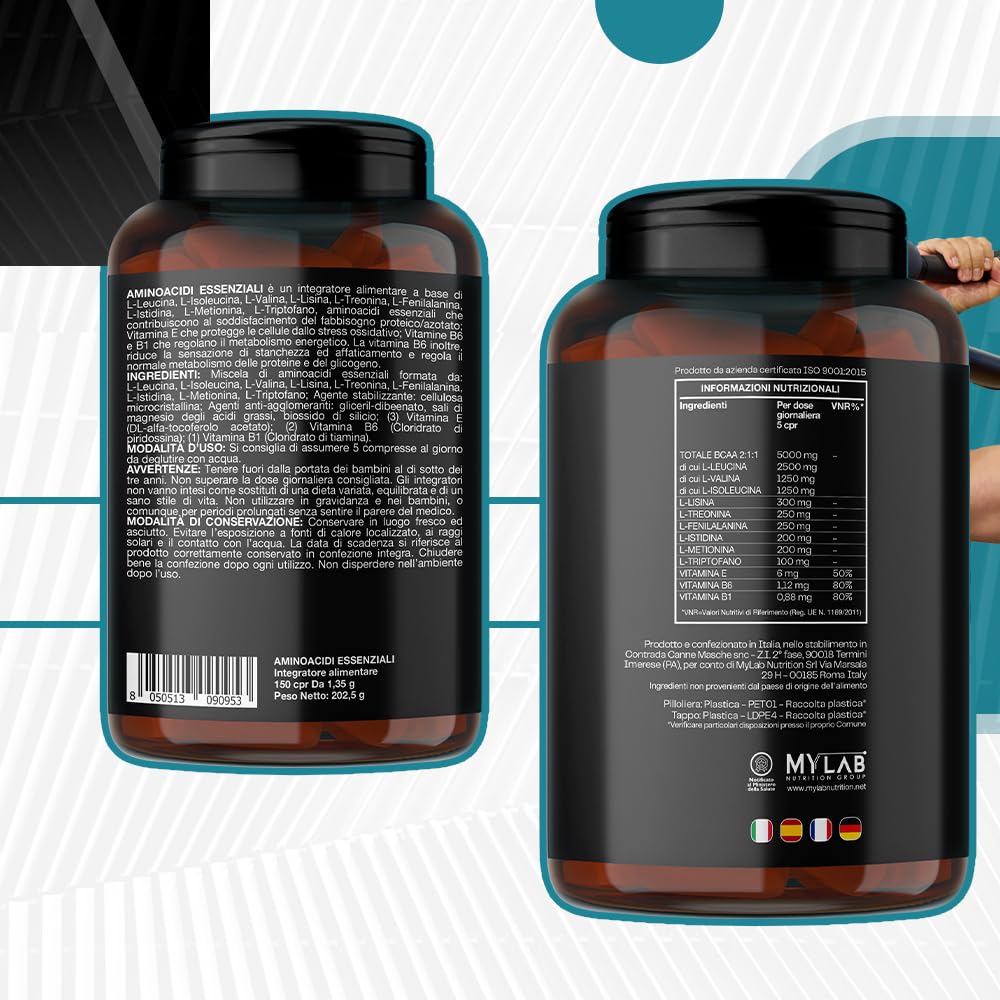 EAA Aminoacidi Essenziali con mix di vitamine B1, B6 ed E - Integratore di amminoacidi naturali vegan ottenuti da fermentazione T-Rex Integratori (Compresse, 150 Unità (Confezione da 1))