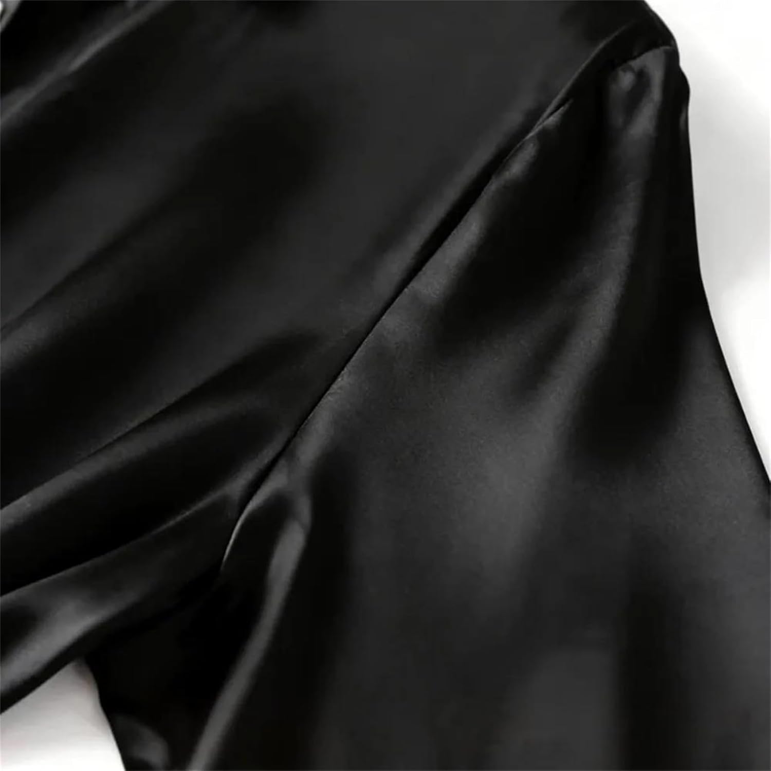 Women's Silk Satin Dress Long Sleeve Lapel Style Solid Black Belted Elegant Office Midi Dresses
