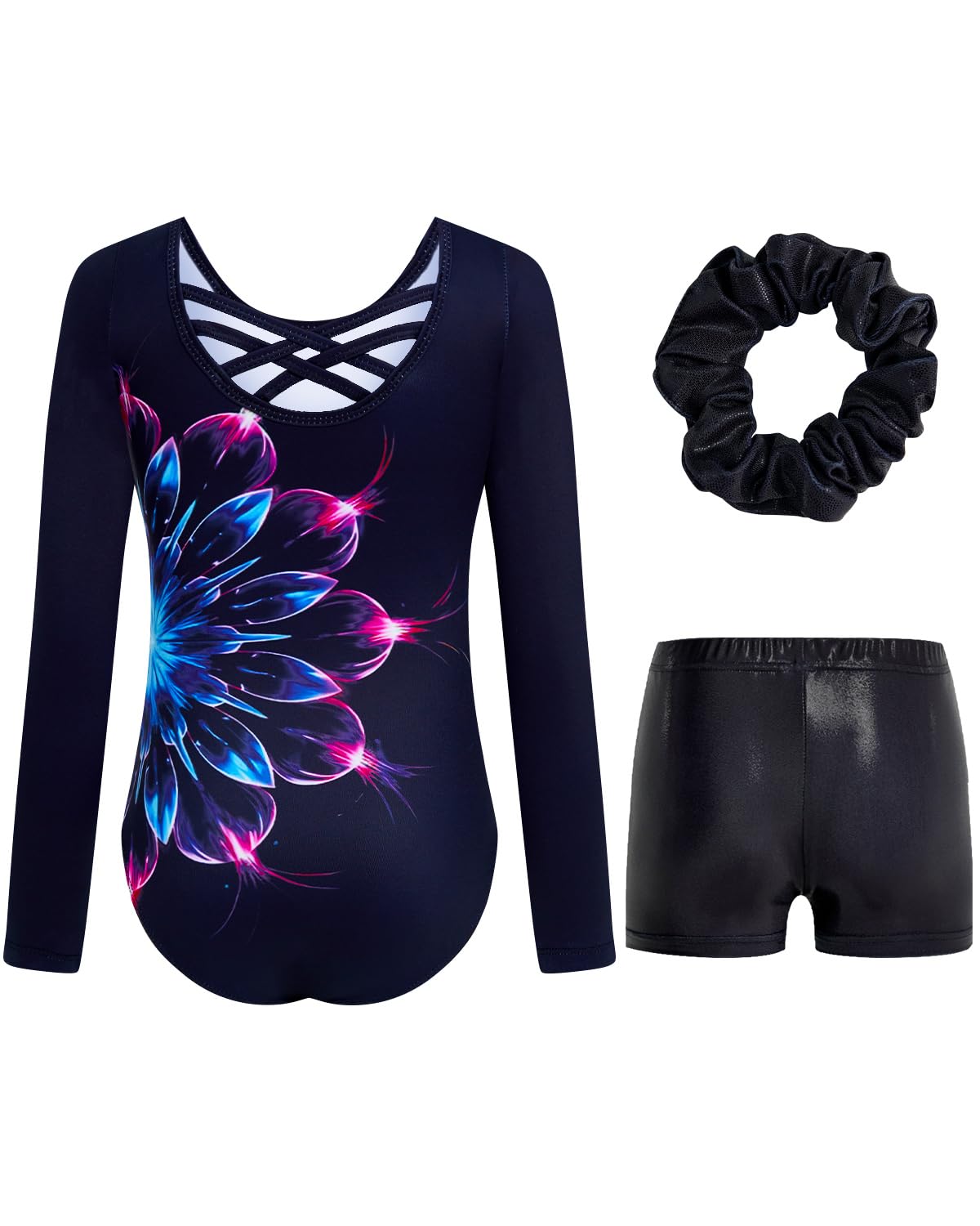 JiAmy Justaucorps de gymnastique pour filles de 3-12 ans avec dos croisé, manches longues et short, tenue de ballet scintillante