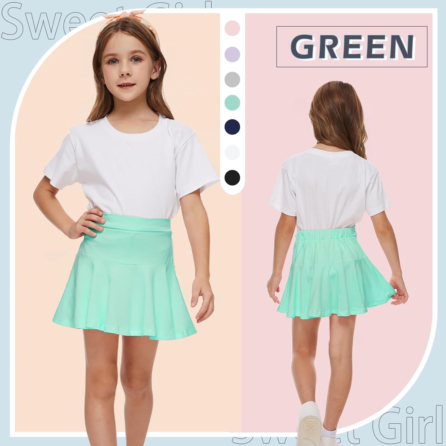 Neutocd Toddler Little Girls Skirts Skorts Elastic Flared Plain Pleated Tennis Skater Skirts for Girls Kids Built in Shorts - Image 2