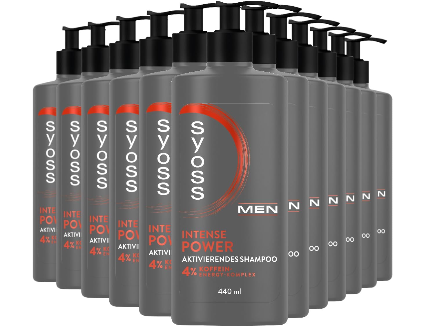 Syoss Men Power Shampoo (12x 440 ml) für normales Haar, kräftigend mit Koffein & Power-Boost Technologie, Haarwurzelstimulation, 90% natürliche Inhaltsstoffe, recyceltes Plastik