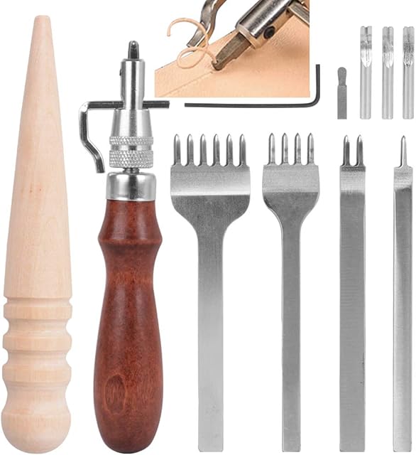 VINFUTUR Leather Craft Tools 5 in 1 Leather Groover + 4pcs 4mm 1/2/4/6 Prong Leather Hole Punches + Leather Edge Polisher Leather Tool Craft Kit