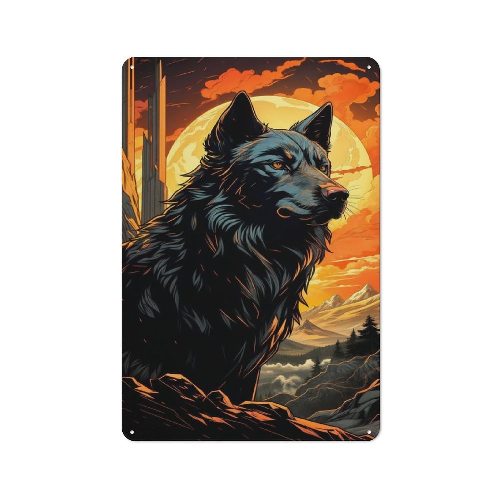 Junmoney Majestic Black Wolf Moon Tin Wall Plaque 30X20cm With For Bar Or Restaurant, Autumn Wall Decor For Hospitality Decor Collectors