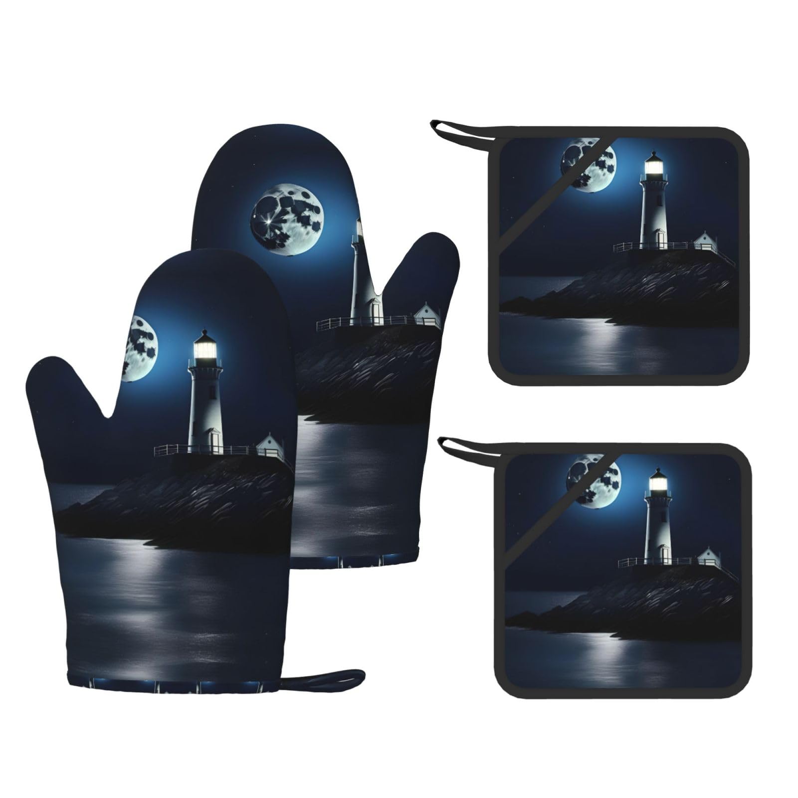 Moonlight Lighthouse Printed Kitchen Set with Heat Resistant Oven Gloves & Non-Slip Pot Holders for Daily Cooking